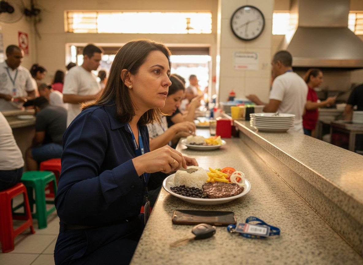 Mulher com roupa de trabalho almoçando um prato feito no balcão de um restaurante cheio, com o celular e as chaves ao lado