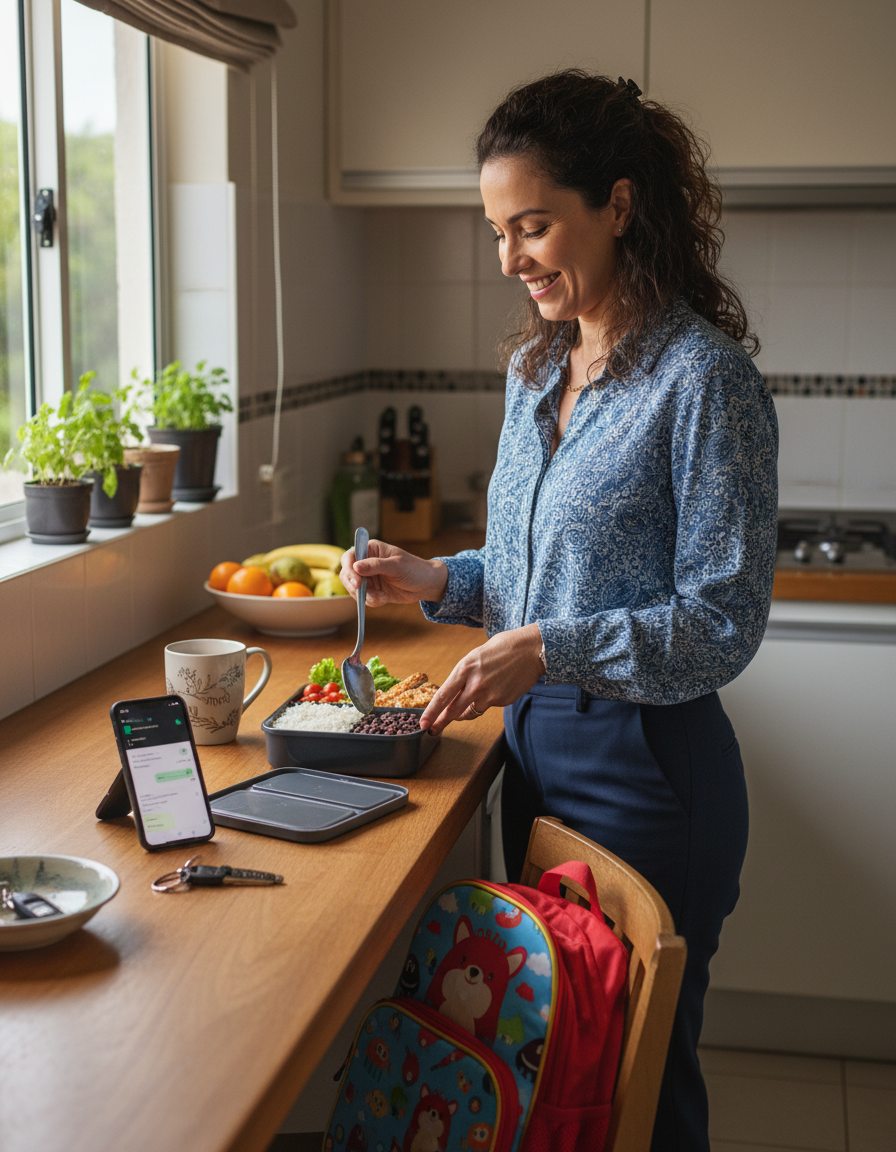 Mulher arrumada para o trabalho montando a marmita com arroz, feijão, frango e salada na cozinha de casa, com o celular apoiado na bancada
