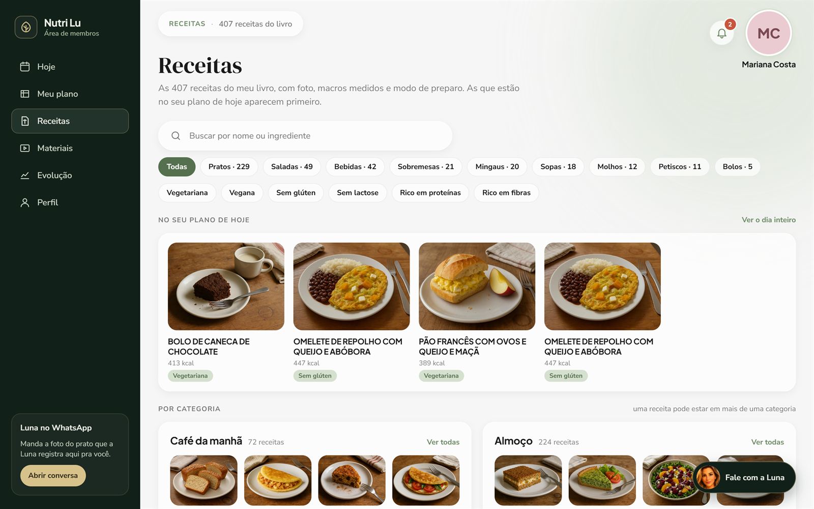 Tela de receitas da área de membros, com as receitas do plano de hoje